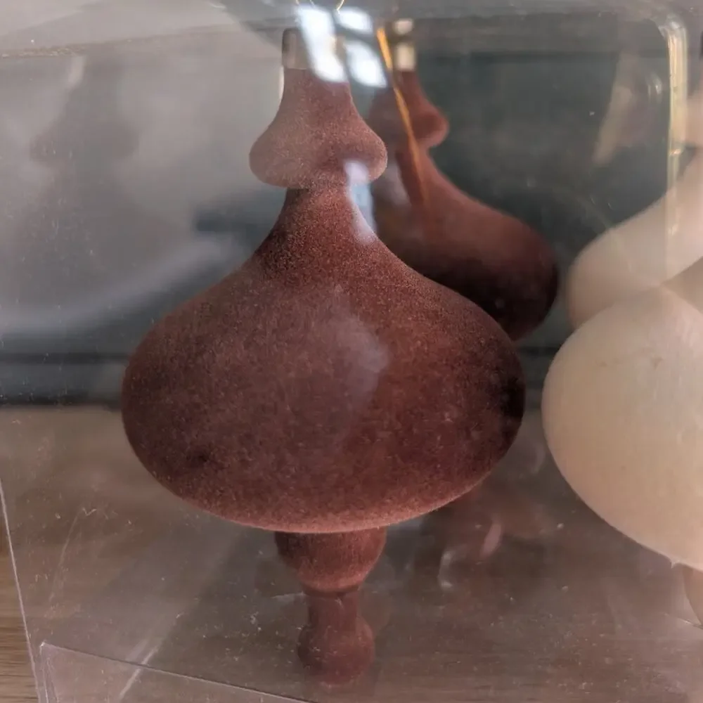 NEW Hobby Lobby Brown Cream Flocked Finial Ornament Set of 6